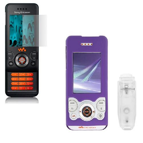 Solid Purple Rubberized Snap on Crystal Case with Clip + Clear Reusable LCD Screen Protector for Sony Ericsson W580 W580i Cell Phone