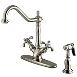 Kingston Brass KS1238TXBS French Country Deck Mount Kitchen Faucet with Brass Sprayer, Satin Nickel 