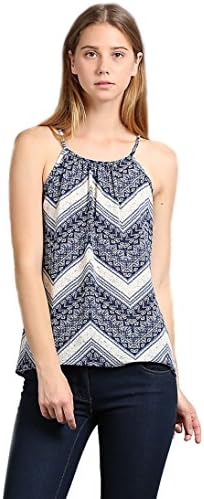 New Women's Crepe Print Round Spaghetti Sleeveless Back Key Hole Button Trim Top S, Navy