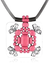 Fuchsia Cabochon and Crystal Square Hematite Pendant Necklace, 19"+3" Extender