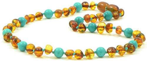Amber Teething Necklace {0055} for Baby Mixed with Turquoise Beads - Unisex - 12.6 inches (32 cm) - AmberJewelry - Hand-Made from Baltic Amber Beads (12.6 inches (32 cm), Cognac / Turquoise (Green))