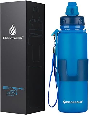 ASTORTOUR Collapsible Water Bottle - Leak Proof Twist Locking Cap - BPA Free Platinum Silicone 22 Ounce - Anti-scald Hand Grip, Removable Lanyard for Hiking Sports Camping (Sapphire Blue)