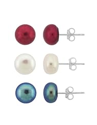 Sterling Silver 8mm Three Freshwater Cultured Pearl Stud Post Earrings, Set of 3