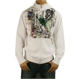 Mens Billabong white zip-up jacket hoodie fleece. Very high quality skate and surf brand sweater with side entry pockets and eye popping colorful large eagle design on the front. Great authentic sweatshirt to wear with various casual styles.