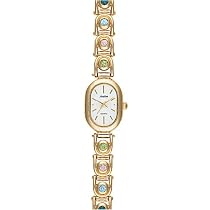 Avalon Women's Gold Tone Oval Watch with Multi-Color Stone Bracelet