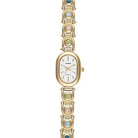 Avalon Women's Gold Tone Oval Watch with Multi-Color Stone Bracelet