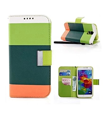 myLife Irish Green + Sunset Orange and White Stripes - Modern Design - Koskin Faux Leather (Card, Cash and ID Holder + Magnetic Detachable Closing) Slim Wallet for NEW Galaxy S5 (5G) Smartphone by Samsung (External Rugged Synthetic Leather With Magnetic Clip + Internal Secure Snap In Hard Rubberized Bumper Holder)