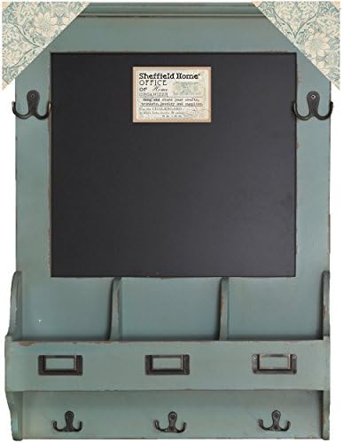 Wall Chalkboard Organizer 3 three Cubbies and Coat Hooks (Teal)