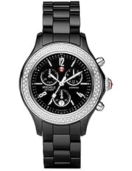 Michele Womens MWW17B000009 Jetway Black Ceramic Silver Diamond Chornograph Watch