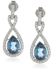 10K White Gold Blue Topaz and Diamond Framed Tear Drop Earrings