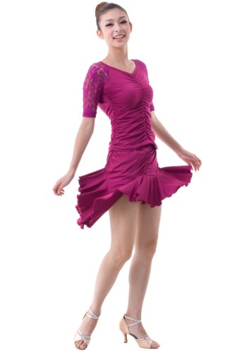 Colorfulworldstore ladies Latin salsa cha cha tango Ballroom Dance Dress-mesh sleeves+Slim Irregular unilateral