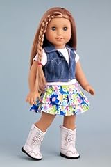 Feeling Happy - Colorful skirt with white t-shirt, blue jeans vest and white cowgirl boots - American Girl Doll Clothes