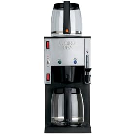The Waring Pro WC1000FR coffeemaker gets things rolling--with speed and style! This brushed stainless steel brewer features two carafe-style pots that make 12 cups of coffee in under five minutes. The coffeemaker also features a visible water level window, indicator lights, instant hot water spout, and warming plates.