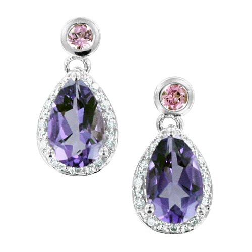 Natural Diamond and Amethyst Drop Earrings in 14k White Gold (GH - SI2 - 1.72 cttw) - Certificate of Authenticity