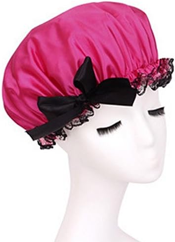 G2Plus® New Fashion Women's Waterproof Ribbon Lace Bow Style Double Layer Elastic Band Shower Cap Shower Hat Spa Bathing Caps Bouffant Cap-Rose