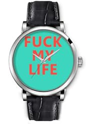 SPRAWL Aanalog Fashion Series Silver Ladies Watches of Genuine Black Leather Strap,Unique Wrist Watch for Women Girls Designed with Fuck my life