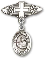 Sterling Silver Baby Badge with St. Thomas Aquinas Charm and Badge Pin with Cross