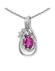 14k White Gold Oval Pink Topaz And Diamond Teardrop Pendant with 18" Chain