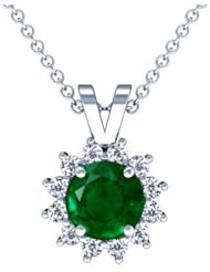 Platinum Round Cut Emerald And Round Diamond Pendant