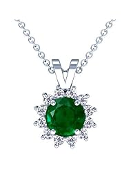 14K White Gold Round Cut Emerald And Round Diamond Pendant