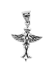 Sterling Silver Mens Womens Winged Cross Pendant Classic Charm Pure 925 New 27mm with 2mm Rope Chain