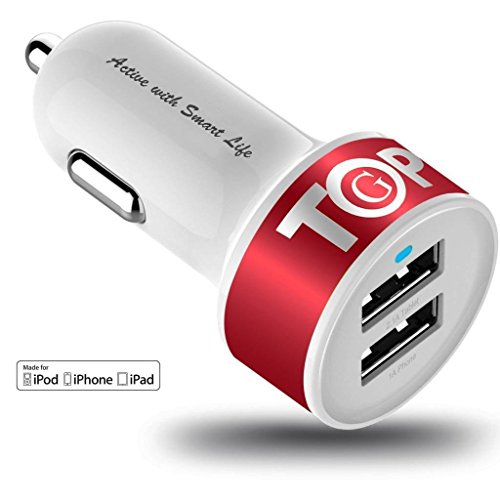 TopG [Lifetime Warranty] Dual USB Ports 3.1A Portable USB Car Charger for iPhone 5 5S 5C 4 4S,iPad 4 3 2,iPad mini,iPad air Battery Power Supply for All Apple Device (Lightning Cable/Adapter Not Included)- (White+Red)