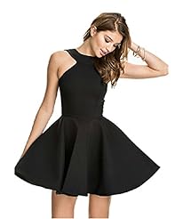 Flared-Skirt Halter Sleeveless Short Backless Open-Back Skater Dress/Party Dress/Tunic/Mini Dress 