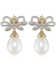 10k Yellow Gold Diamond Bow with Freshwater Cultured Pearl Drop Earrings