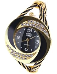 Pythons New Fashion Weaving Set Auger Bangle Wrist Watch Quartz for Women(Black-Gold)