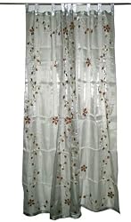 2 Organza Silver Red Bell Embroidered Sari Curtains Window Panels Sheers 92"