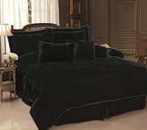 7PC BLACK VELVET SATIN COMFORTER SET BED IN A BAG KING