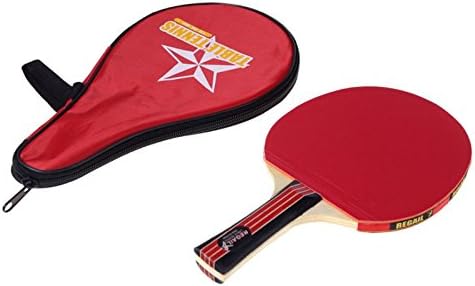 Long Handle Shake-hand Table Tennis Racket Wood Pingpong Paddle 7-layer Black/Red with Waterproof Carry Bag Pouch