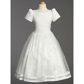 White Satin Communion Baptism Dress with Tulle Skirt