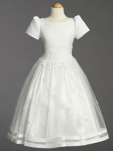 White Satin Communion Baptism Dress with Tulle Skirt - Size 8 White Satin Communion Baptism Dress with Tulle Skirt - Size 8