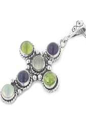 Natural 6-Stone Amethyst, Peridot, and Moonstone Cross Sterling Silver Pendant