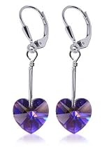 Amethyst AB Swarovski Crystal Heart Sterling Silver Leverback 1.25″ Long Dangle Earrings