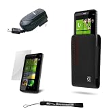 Black / Red Vertical Delux Leather Cover Case with Removable Spring Belt Clip for T Mobile HTC HD7 + Includes a Retractable Home Wall Charger for your HTC HD7 + a Anti Glare Screen Protector.