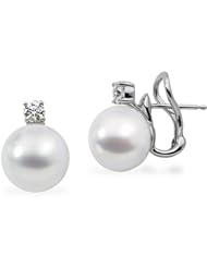 18K Palladium White Gold Paspaley South Sea Cultured Fine Full Button Pearl and Diamond Earrings -- LIFETIME WARRANTY