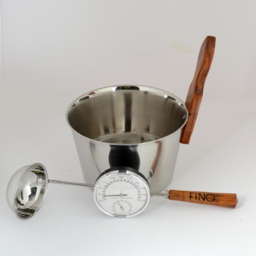 Luxury Finnish Sauna Bucket in Stainless Steel, Matching Ladle and Thermometer/Hygrometer Kit