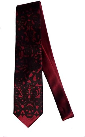 Cyberoptix Day of the Dead Papel Picado Microfiber Neck Tie Vegan Skulls (Standard Width, Black Ink on Burgundy Microfiber)