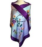 silkNOW Unique 3D Design Purple and Lavender Scarf, Hand Painted, Hand Embroidered, and Hand Beaded, 100% Pure Silk Satin with Beautiful Floral Pattern