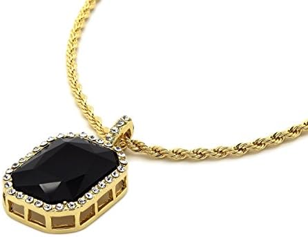 Mens Gold Plated Iced Out Black Octagon Ruby Pendant With 3mm 24" Rope Chain Necklace