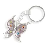 Shiny Silver Tone Vintage Enamel Pink Butterfly Keyring with Crystals in Organza Bag
