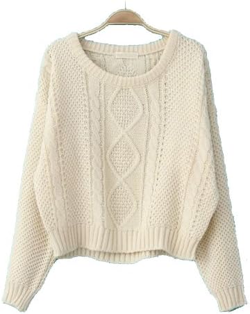Women's Knitwear Beige Long Sleeve Cable Knitted Short Lady's Pullover Sweater