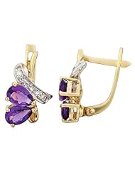14k Two Tone Gold 1.55ct Hearts Joined Diamond & Pear Amethyst Huggie Earrings
