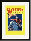 Black Framed/Matted Print 17x23, Western Story Magazine: Under Fire