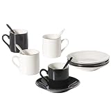 Yedi Houseware Classic Coffee and Tea Black and White Espresso Cups and Saucers with Spoons, Set of 4