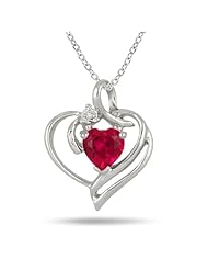 Created Heart Shape Ruby and Genuine Diamond Pendant in .925 Sterling Silver