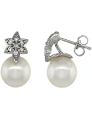 14k White Gold Flower Pearl Earrings w/ 0.14 Carat Brilliant Cut ( H-I Color; VS2-SI1 Clarity ) Diamonds & 8mm White Pearls