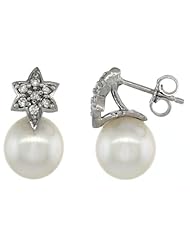 14k White Gold Flower Pearl Earrings w/ 0.14 Carat Brilliant Cut ( H-I Color; VS2-SI1 Clarity ) Diamonds & 8mm White Pearls